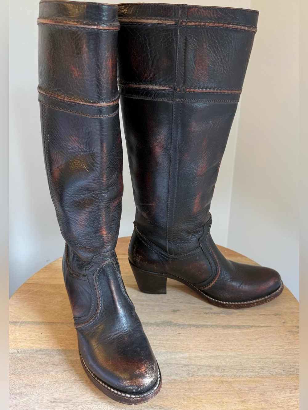 Frye Jane Leather Heeled Boots Brown Distressed  Size 6 1/2